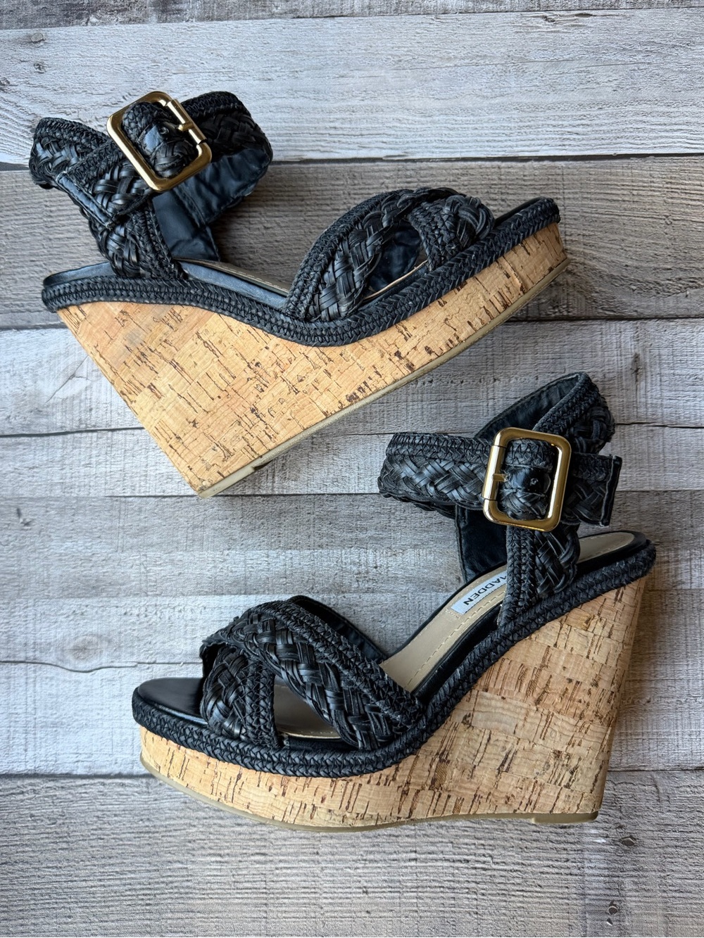 Steve Madden EATZ Black Braided Cork Platform Wedge Sandals Size 7